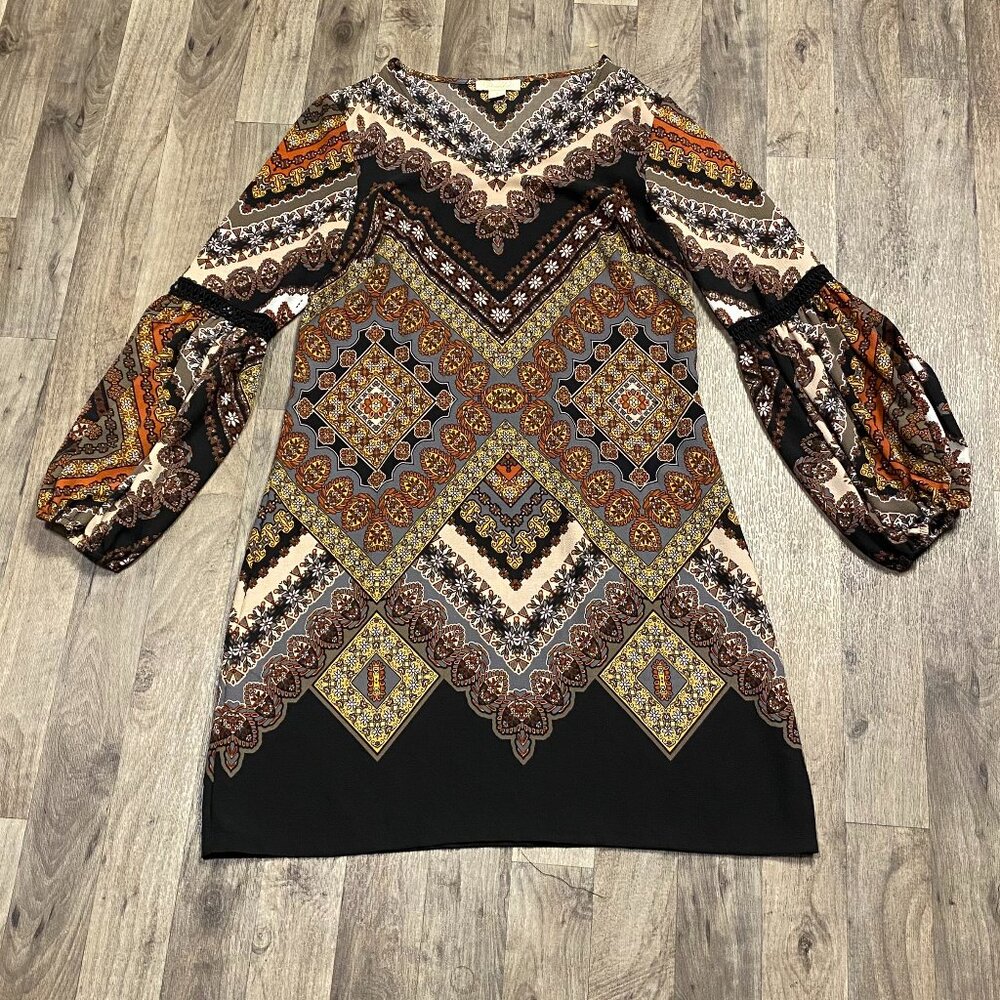 Prelude Boho Long Sleeve Shift Dress Size Small Brown Geometric